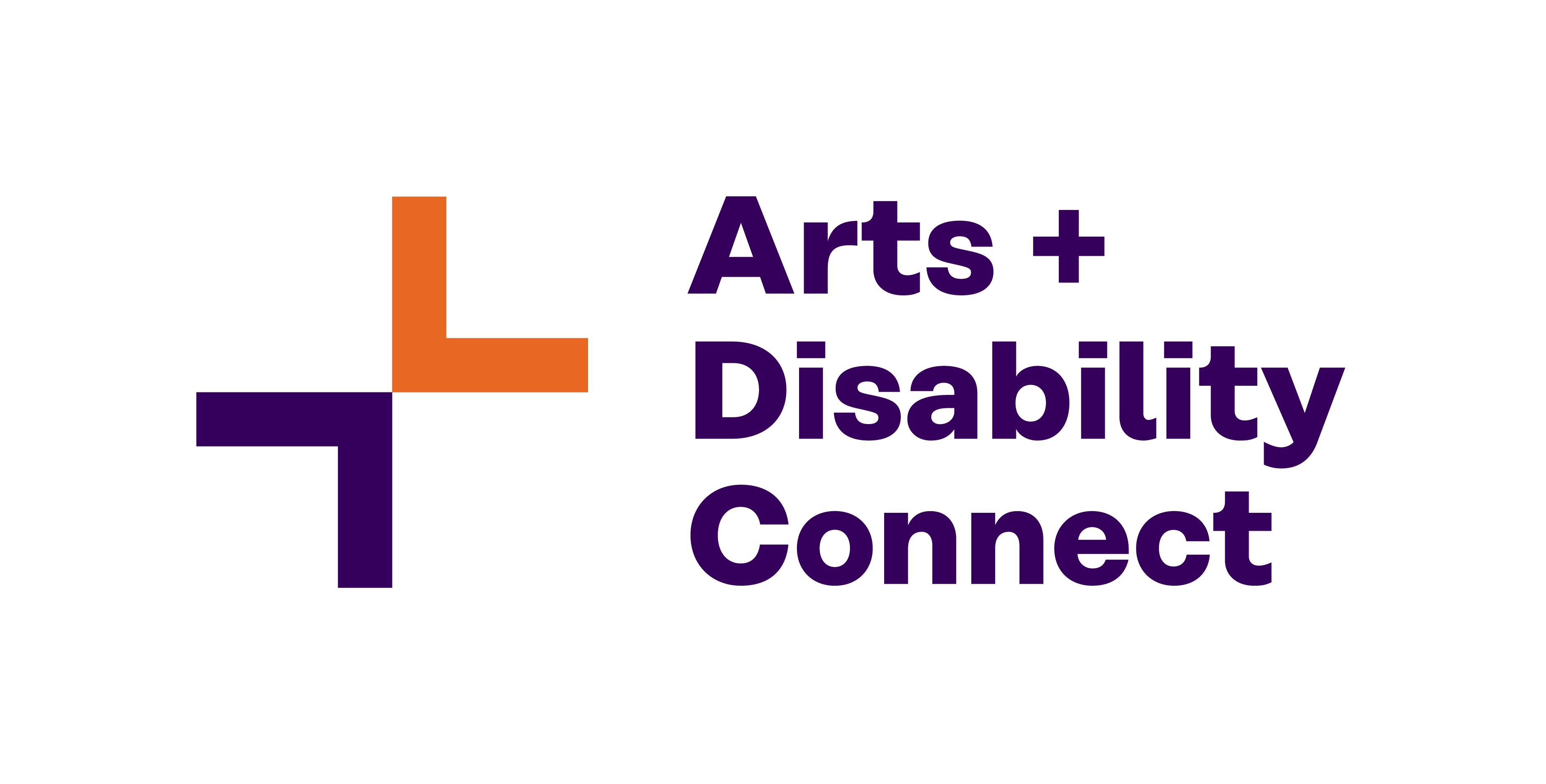Logo with text reading Arts and Disability Connect beside a purple and orange graphic